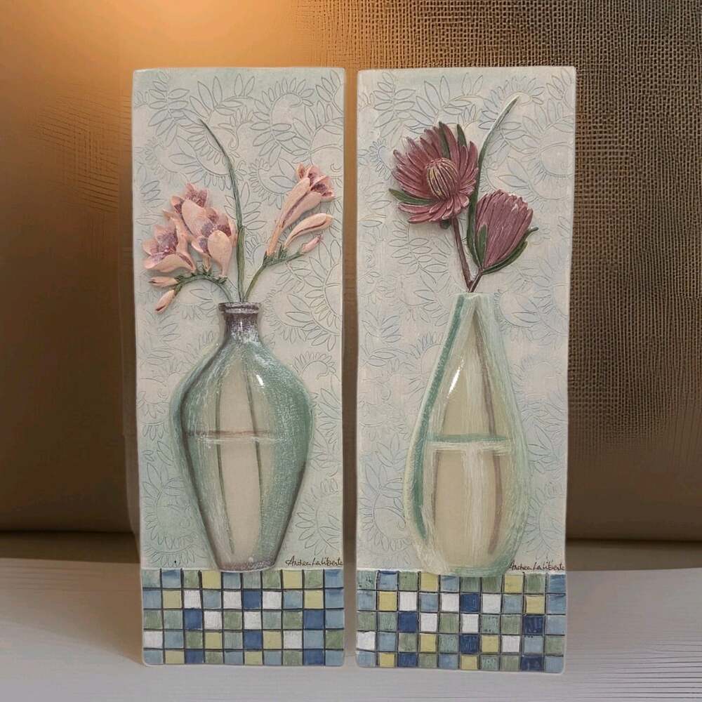 2 Andrea Laliberte 3D Floral Resin Wall Plaques Flowers in Vases 9.5x3.5"